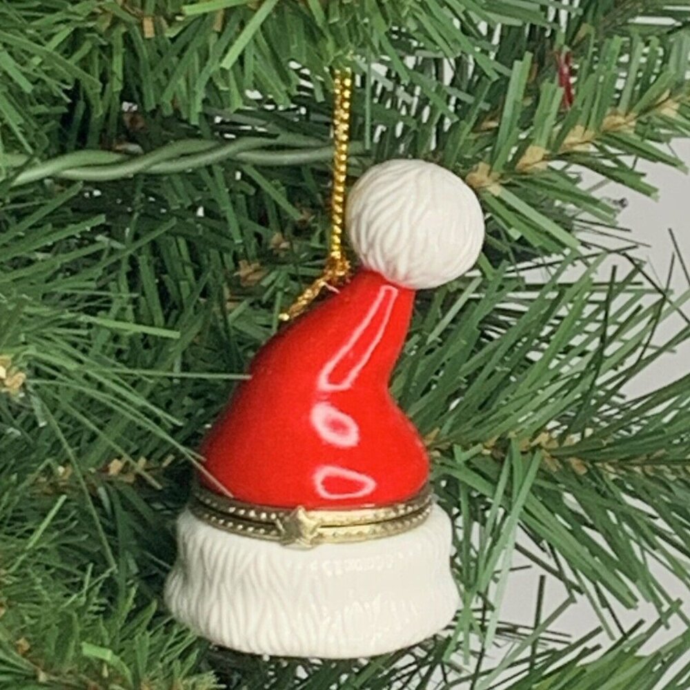 Santa Clause Hat Porcelain Hinged Surprise Gift Trinket Box Christmas Ornament